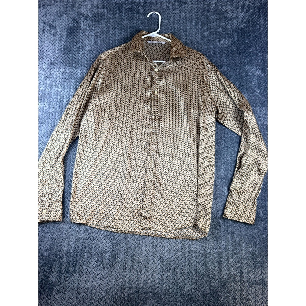Zara Button Up Shirt Mens M 40 Brown Geometric Long Sleeve Relaxed Fit 5288